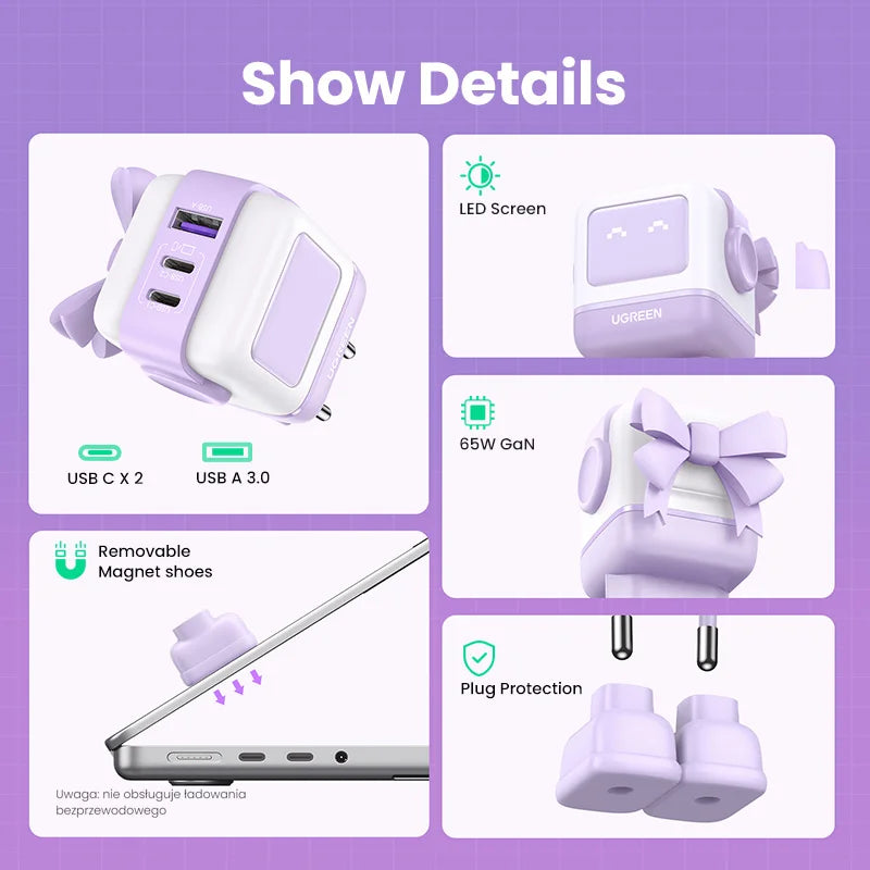 65W Gan Charger Uno Robot Design Quick Charge 4.0 3.0 PPS for Iphone 18 17 Pro Macbook Air Laptop Tablet PD Fast Charger
