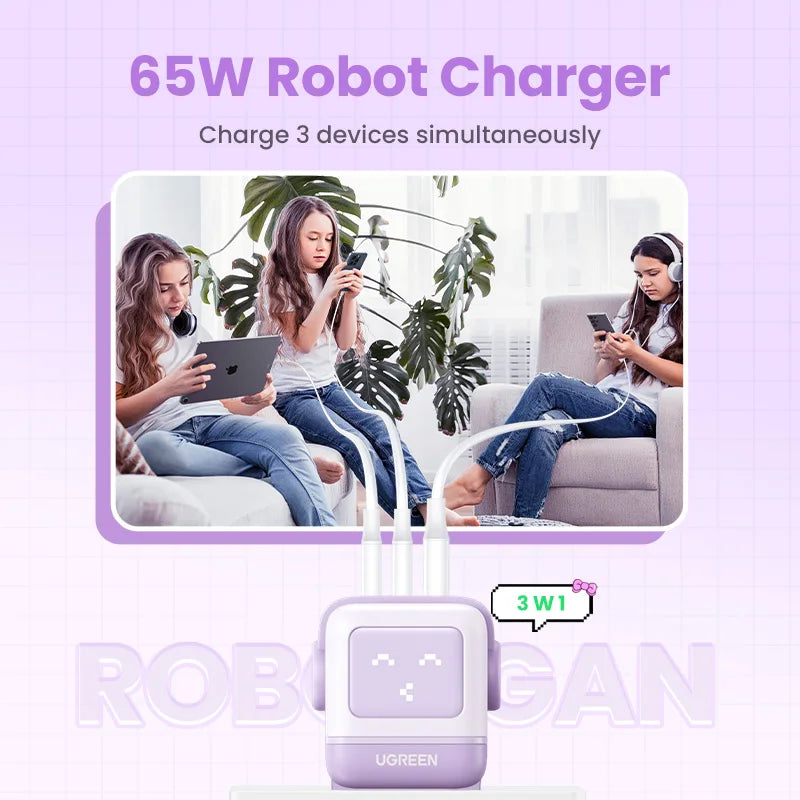 65W Gan Charger Uno Robot Design Quick Charge 4.0 3.0 PPS for Iphone 18 17 Pro Macbook Air Laptop Tablet PD Fast Charger