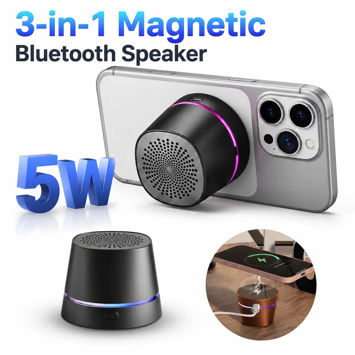 3-In-1 Phone Magnetic Bluetooth Speaker with Wireless Charger 5W Powerful Hifi Mini Bluetooth Speakers with RGB TWS Sound Box