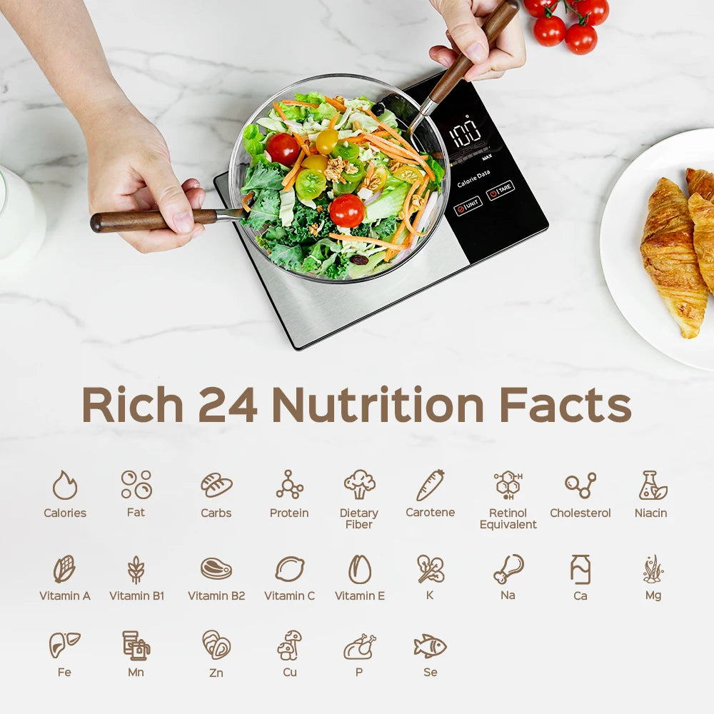 Smart Kitchen Scale Food Calorie Protein Fat Carbs Nutritional Calculator Scales, 11LB / 5Kg Stainless Steel Kitchen Food Scale